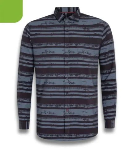 Slate Blue-Coffee Printed Mixed Cotton Fitted-Shirt